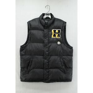 Hustle Gang Puffer Vest Mens Large Black Chief Logo Varsity Patch Graphic Print